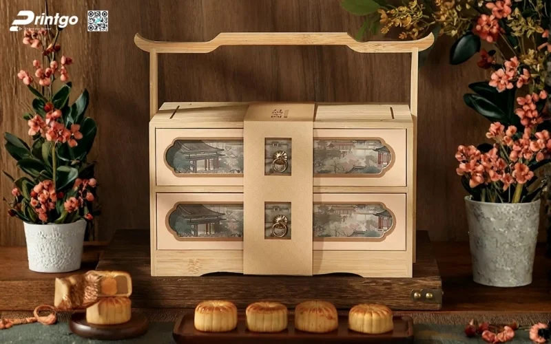 Mẫu hộp quà tết bằng gỗ 2 tầng sang trọng