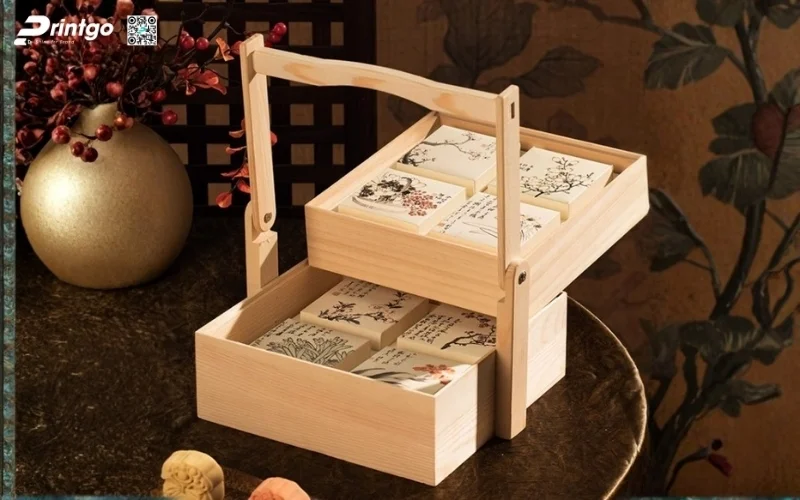 Mẫu hộp quà tết bằng gỗ 2 tầng sang trọng