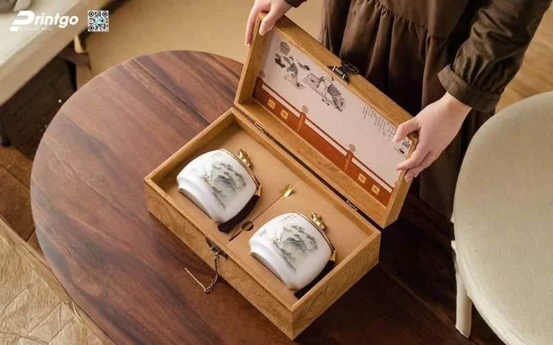 Mẫu hộp quà tết bằng gỗ nắp lật có bản lề
