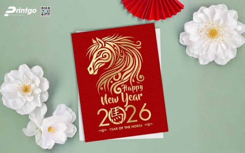 Mẫu thiệp chúc mừng năm mới con ngựa màu đỏ may mắn