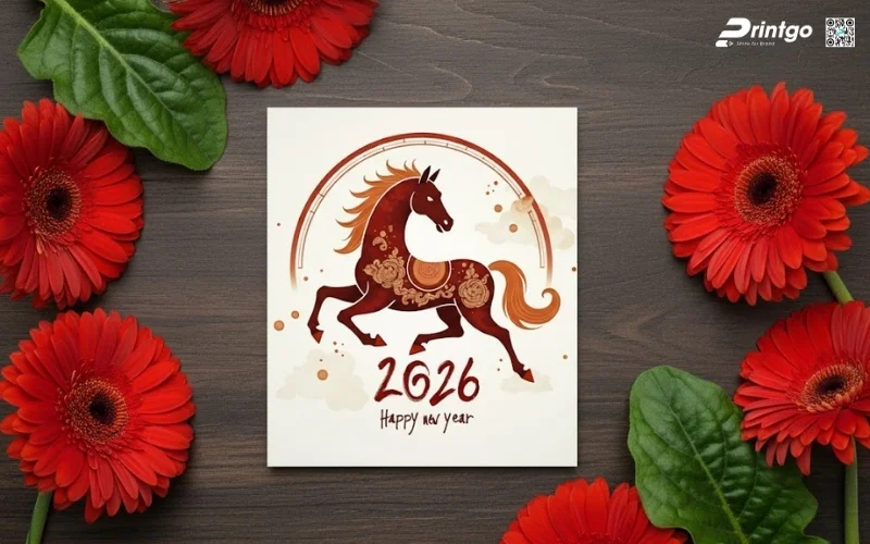 Mẫu thiệp chúc mừng năm mới con ngựa màu kem sang trọng