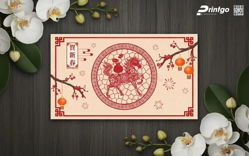 Mẫu thiệp chúc mừng năm mới con ngựa màu kem sang trọng