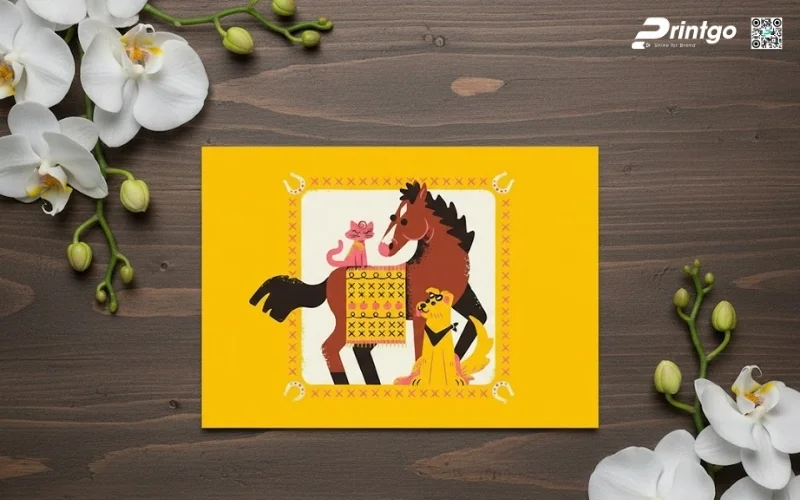 Mẫu thiệp chúc mừng năm mới con ngựa màu vàng 