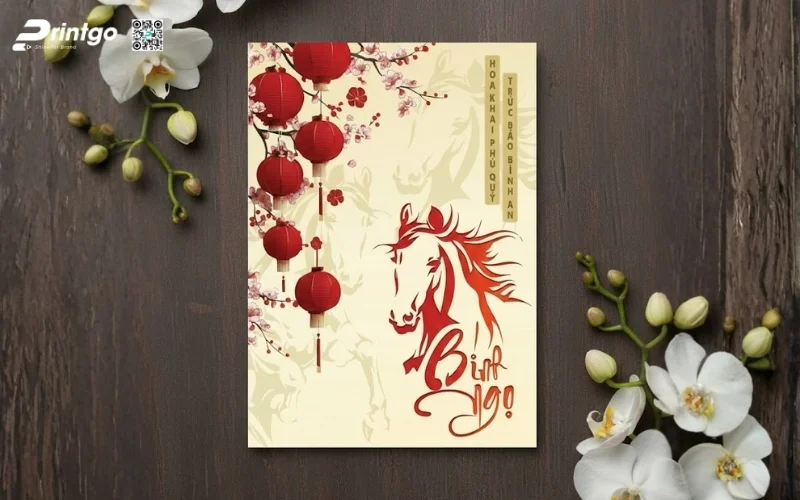 Mẫu thiệp chúc mừng năm mới con ngựa màu kem sang trọng