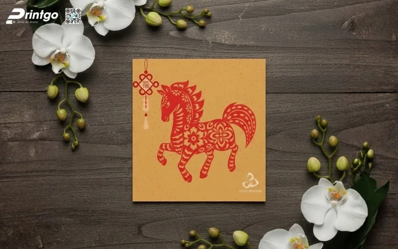 Mẫu thiệp chúc mừng năm mới con ngựa màu vàng 