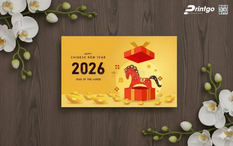 Mẫu thiệp chúc mừng năm mới con ngựa màu vàng 