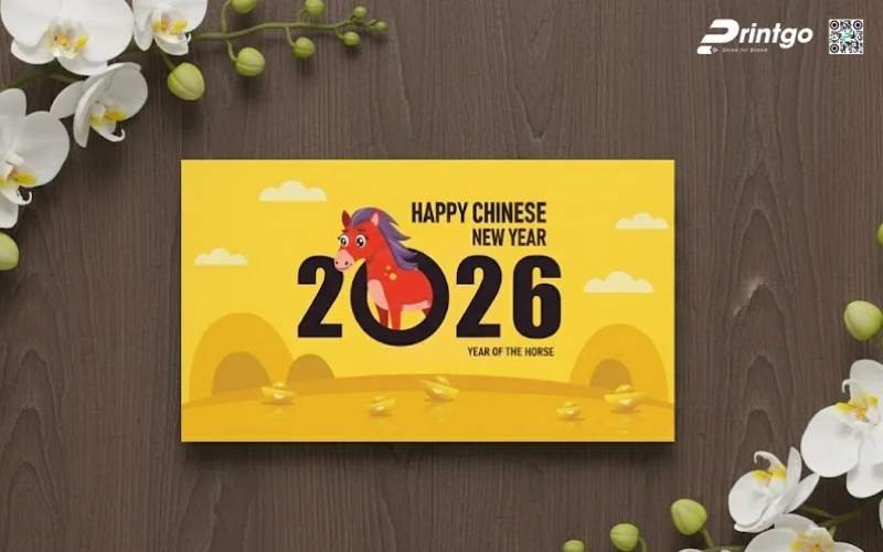 Mẫu thiệp chúc mừng năm mới con ngựa màu vàng 