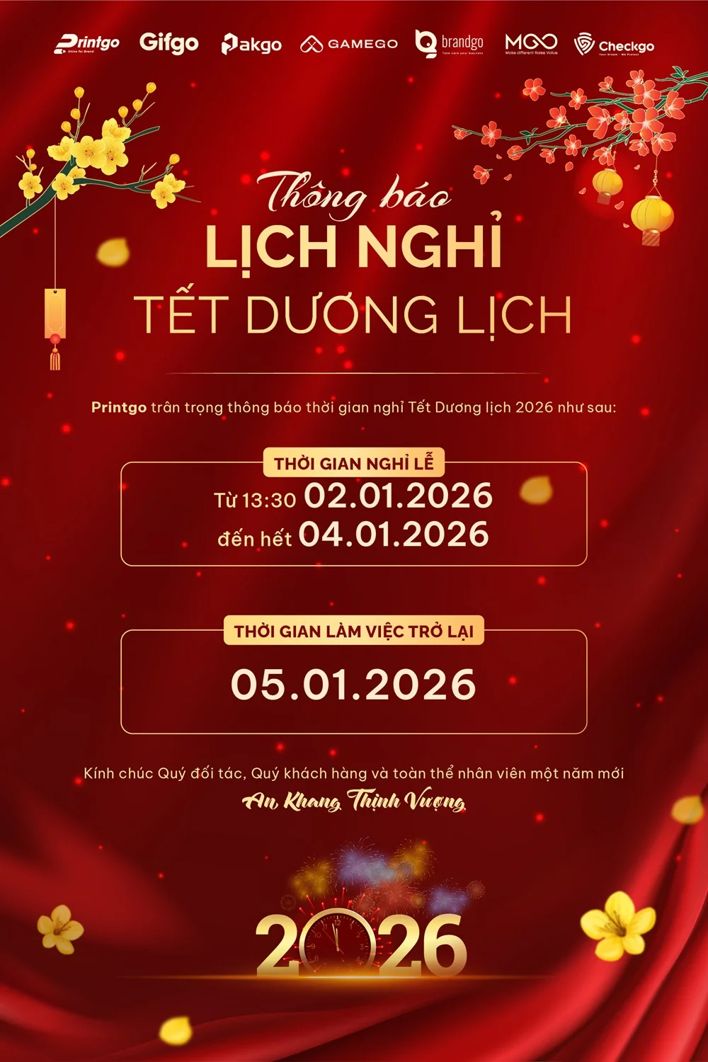 Printgo thông báo lịch nghỉ Tết Dương lịch 2026
