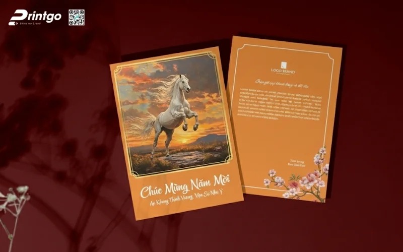 Mẫu thiệp chúc mừng năm mới con ngựa màu cam