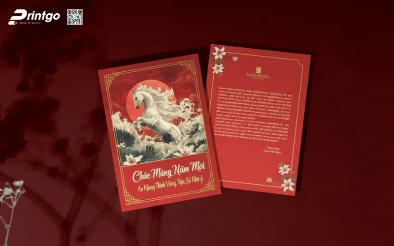 Mẫu thiệp chúc mừng năm mới con ngựa màu đỏ may mắn