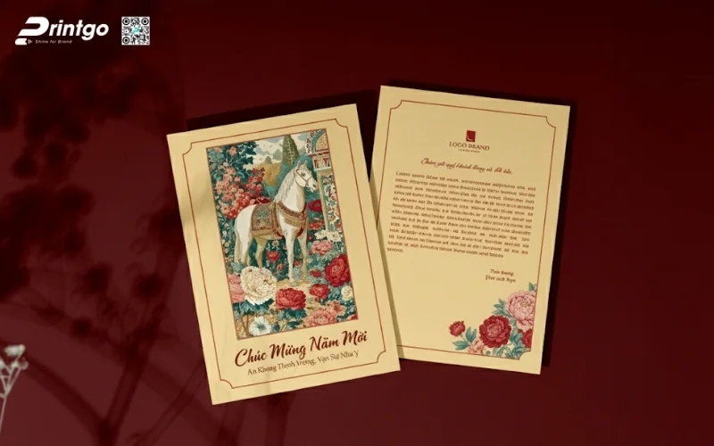 Mẫu thiệp chúc mừng năm mới con ngựa màu kem sang trọng