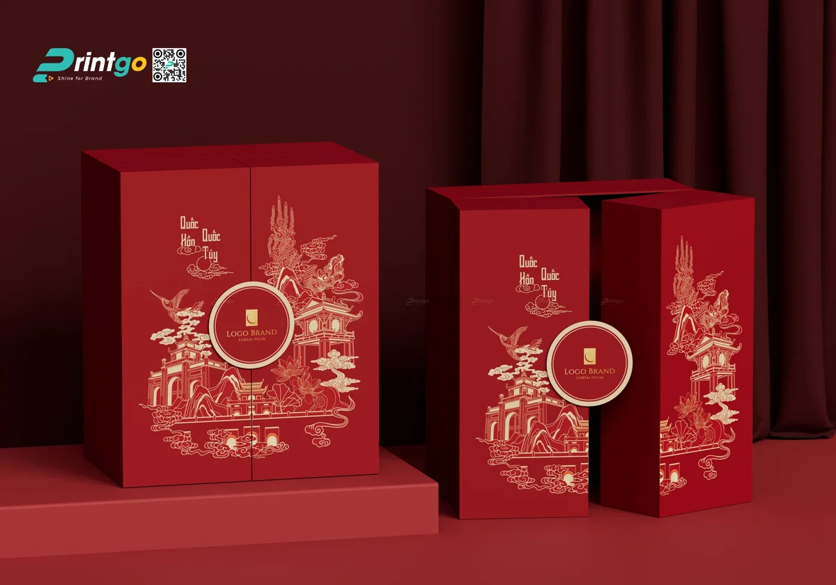 Hộp quà tết Quốc Hồn Quốc Tuý với logo nổi bên trên