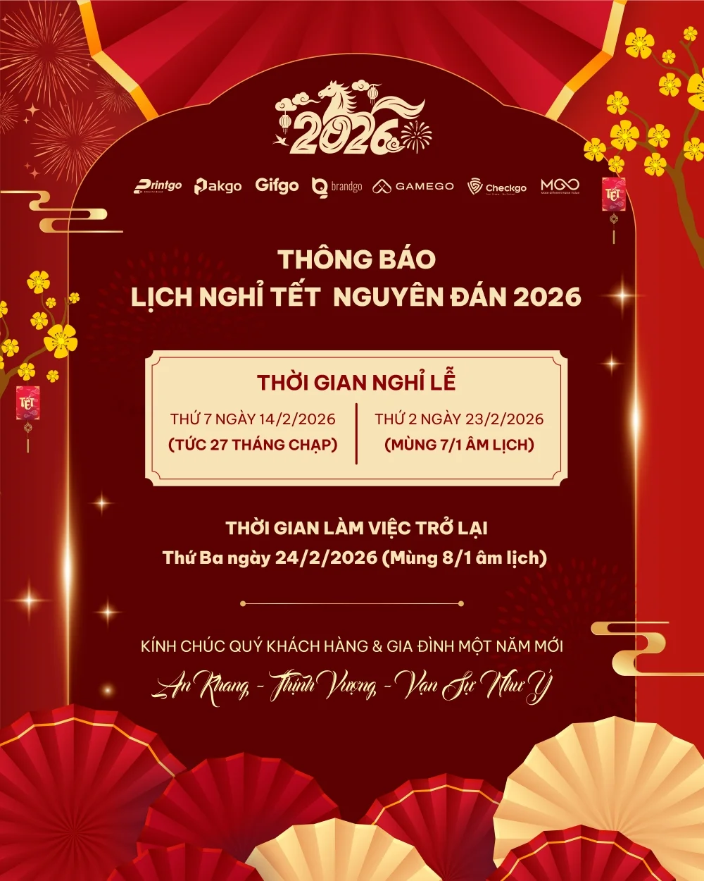 Thông báo lịch nghỉ tết Nguyên Đán Bính Ngọ 2026