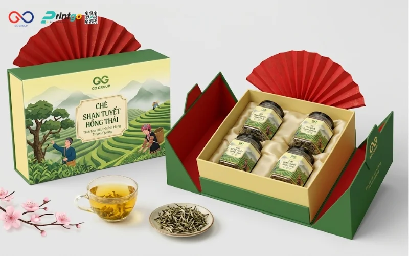 Ý tưởng hộp chè shan tuyết Hồng Thái Tuyên Quang dạng quà tặng cao cấp