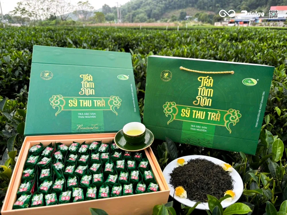 Bộ sản phẩm Trà tôm nõn Sỹ Thu Trà do Printgo sản xuất