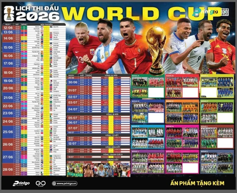 Tải ngay miễn phí File Vector Lịch Thi Đấu World Cup 2026 do Printgo thiết kế