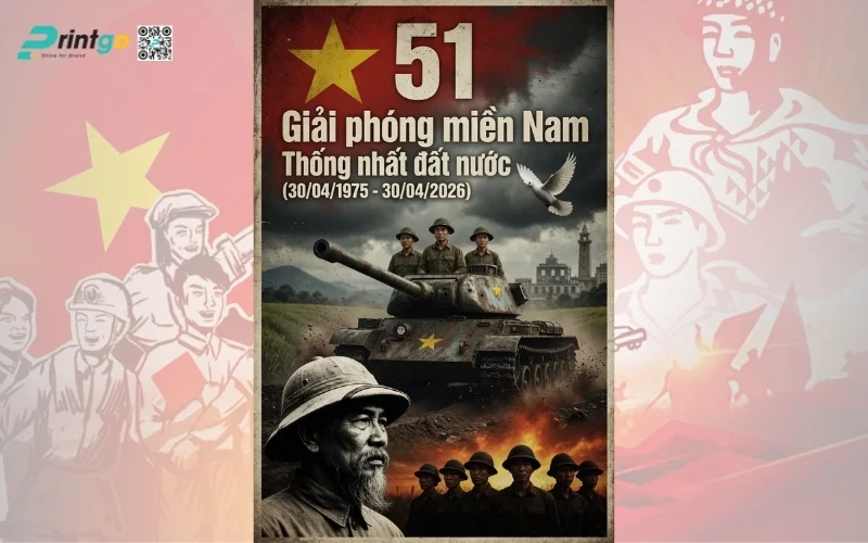 Poster giải phóng miền Nam phong cách truyền thống, đậm chất lịch sử