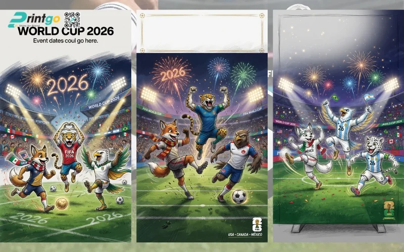 Mẫu standee 3 linh vật World Cup 2026