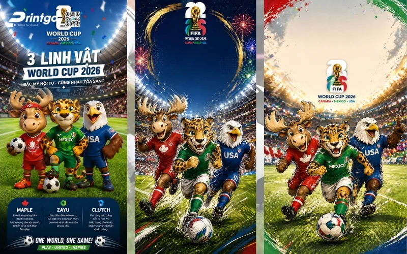 Mẫu standee 3 linh vật World Cup 2026