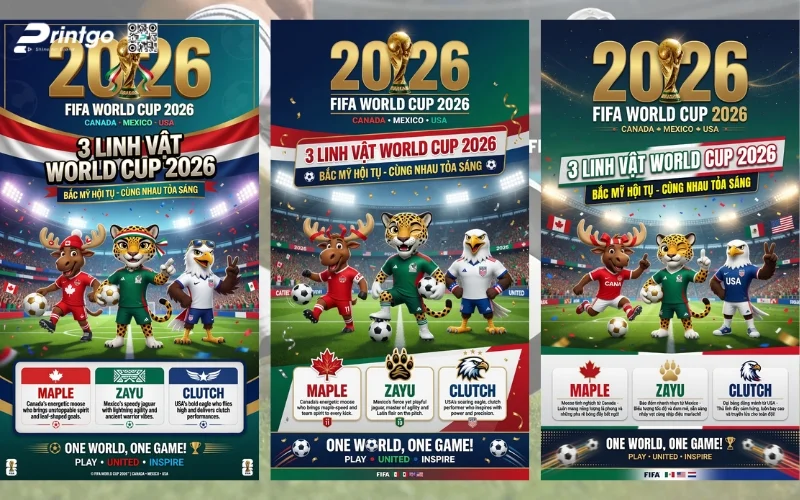 Mẫu standee 3 linh vật World Cup 2026