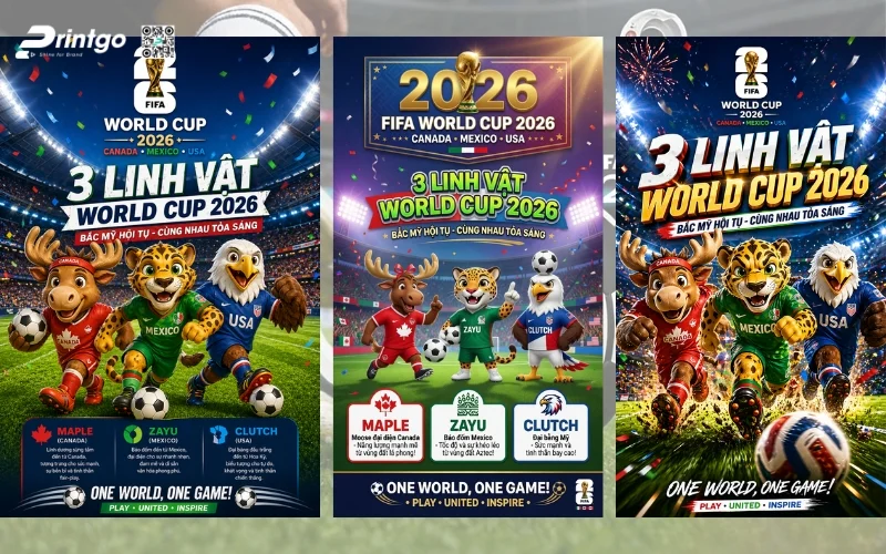 Mẫu standee 3 linh vật World Cup 2026