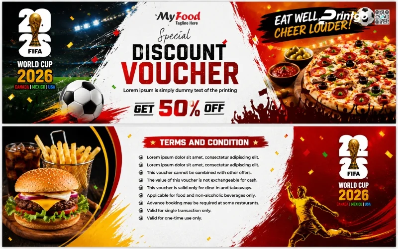 Mẫu thiết kế voucher World Cup 2026 dành cho ngành F&B