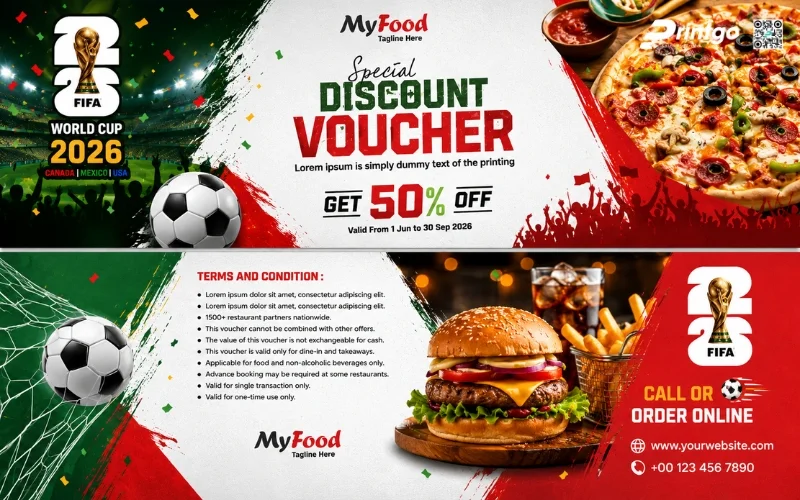 Mẫu thiết kế voucher World Cup 2026 dành cho ngành F&B