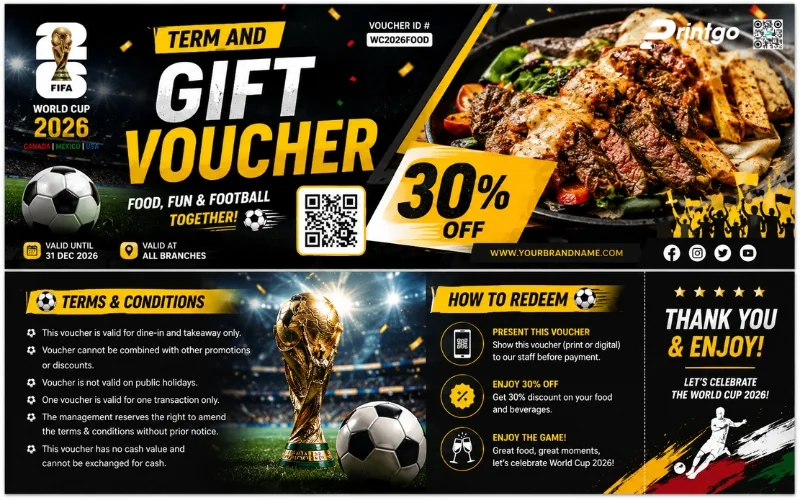 Mẫu thiết kế voucher World Cup 2026 dành cho ngành F&B