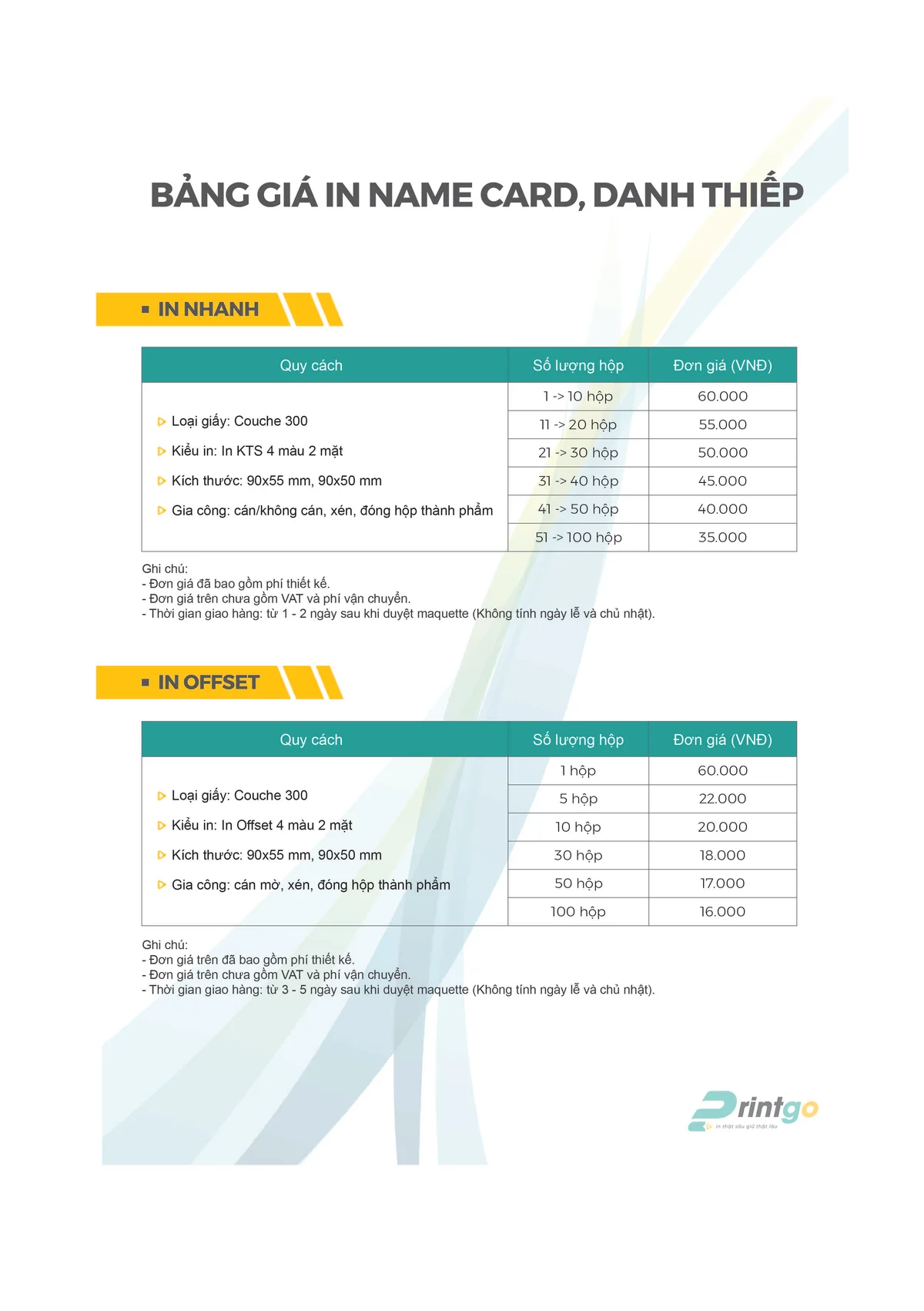 Bảng giá in name card