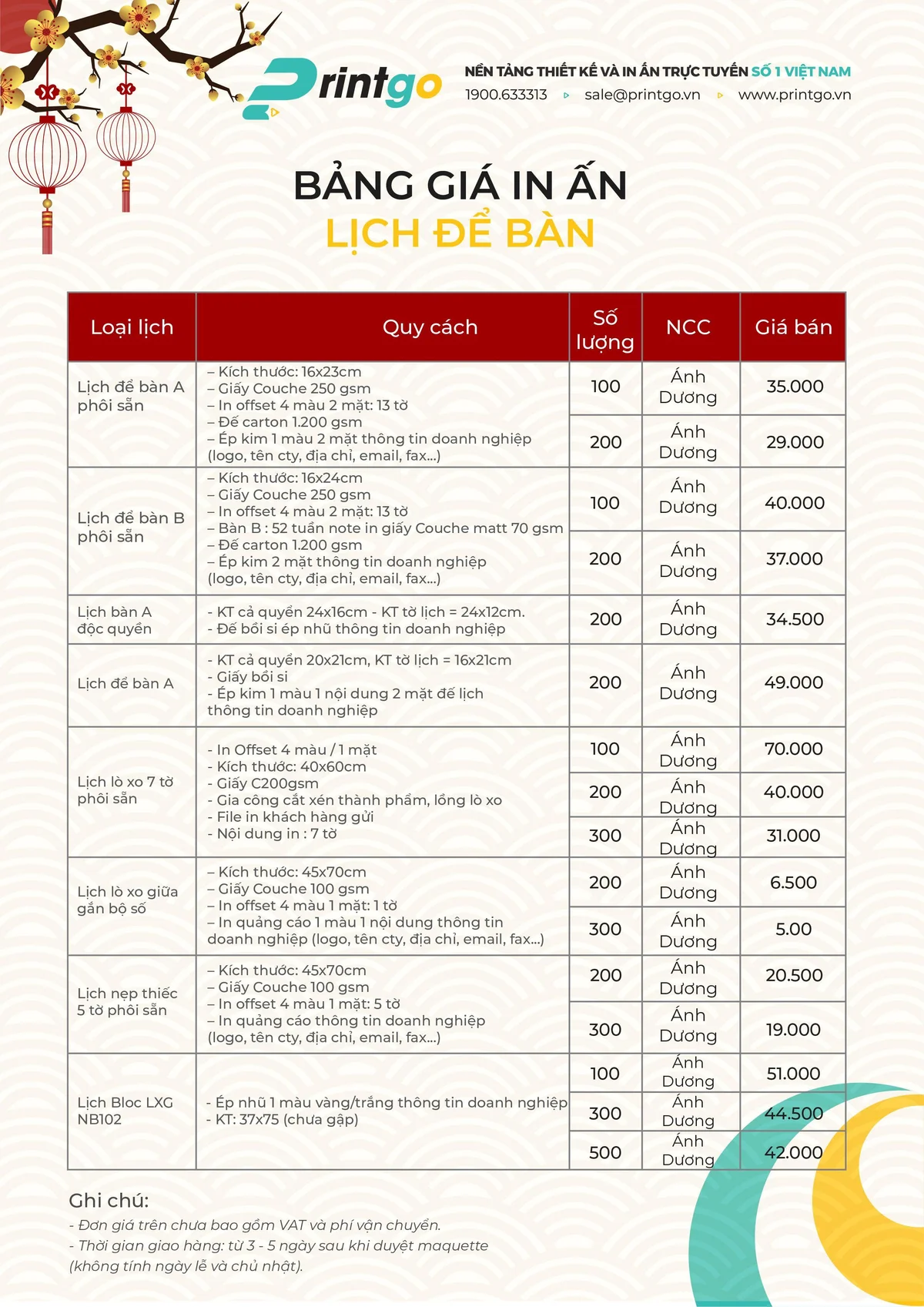 Bảng giá lịch Printgo 2020
