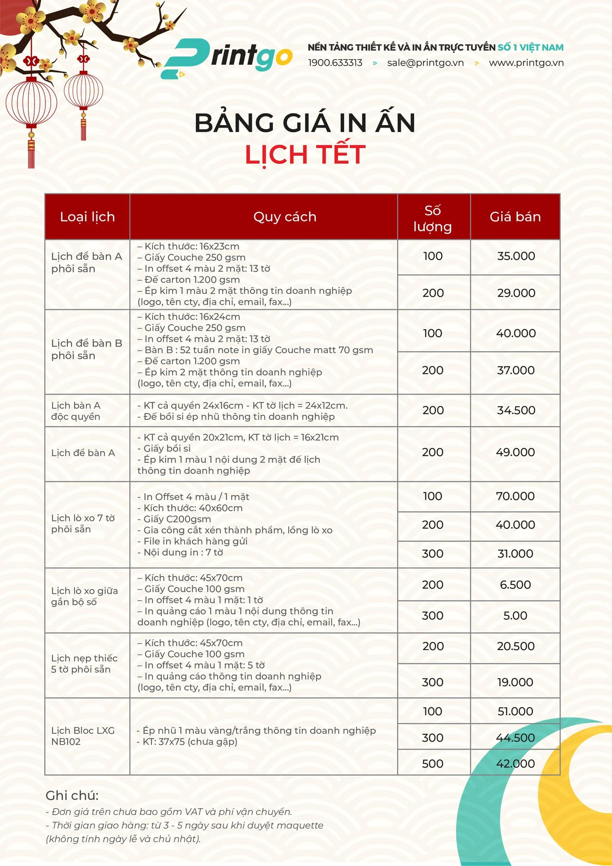 Bảng giá lịch Tết tại Printgo