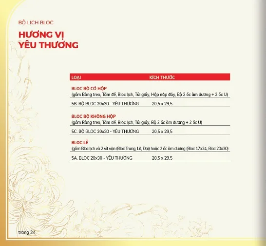 Kích thước bộ lịch Hương Vị Yêu Thương