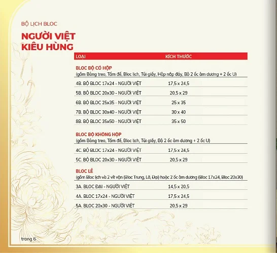Quy cách bộ lịch Người Việt Kiêu Hùng