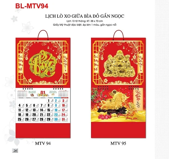 Lịch lò xo giữa bìa đỏ gắn ngọc