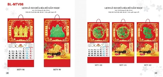 Mẫu lịch lò xo giữa bìa đỏ gắn ngọc BL-MTV98
