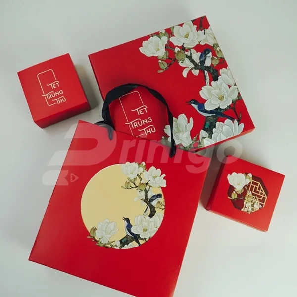 In hộp bánh Trung thu 4 bánh Màu đỏ hình hoa lan trắng