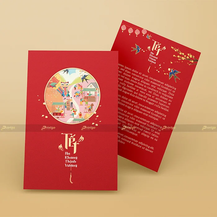 In thiệp chúc mừng năm mới Phiên chợ tết 
