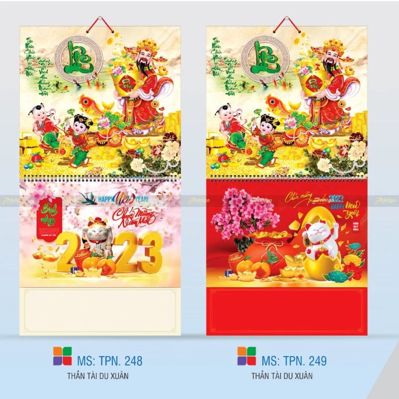 In lịch 13 tờ lò xo Thần tài du xuân