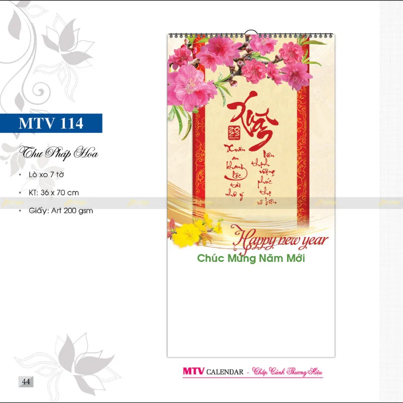 In lịch treo tường lò xo 7 tờ Thư pháp hoa