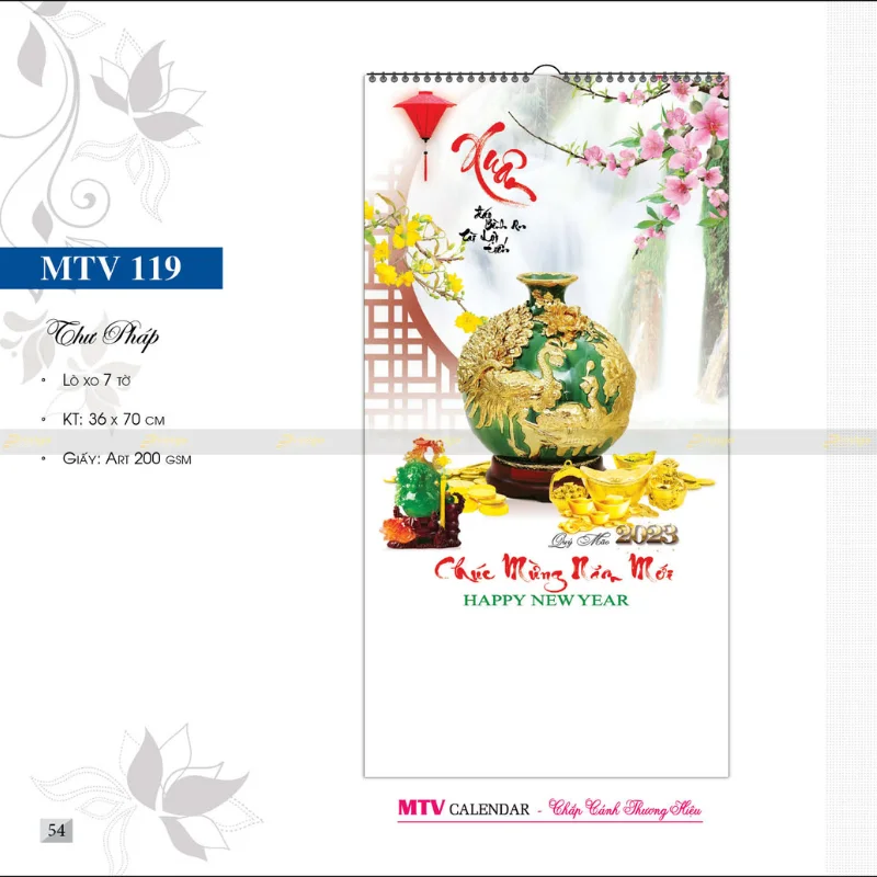 In lịch treo tường lò xo 7 tờ Thư pháp