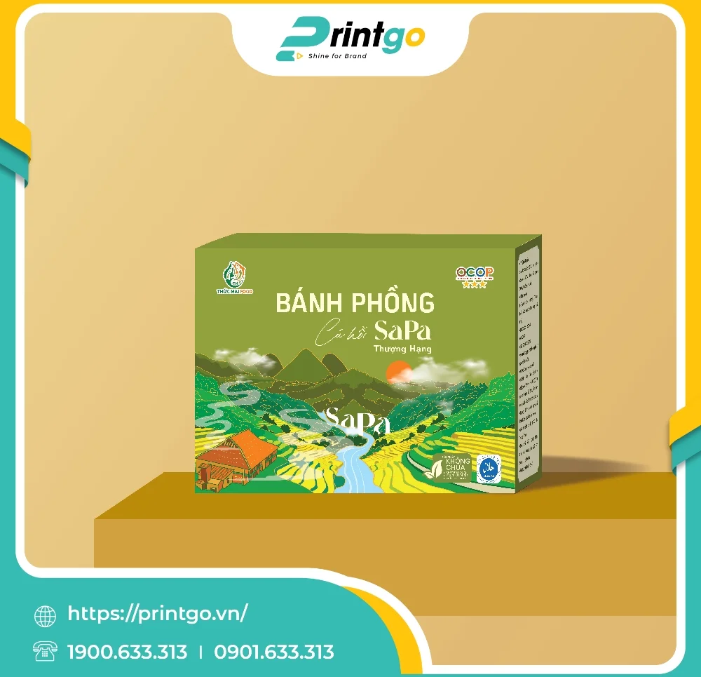 In hộp giấy mềm đựng bánh phồng cá hồi Thức Mai