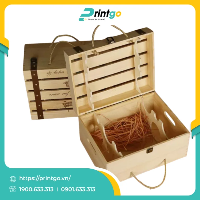 In hộp gỗ quai xách nắp lật đựng rượu