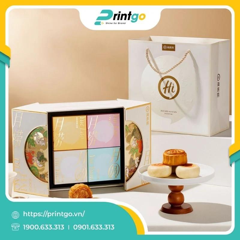 In hộp 2 tầng mở cánh bướm đựng 8 bánh trung thu