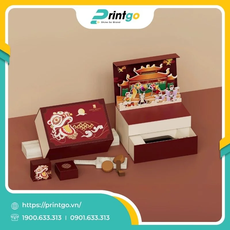 In hộp popup 3D hai tầng đựng 3 bánh trung thu Thủy Đình 