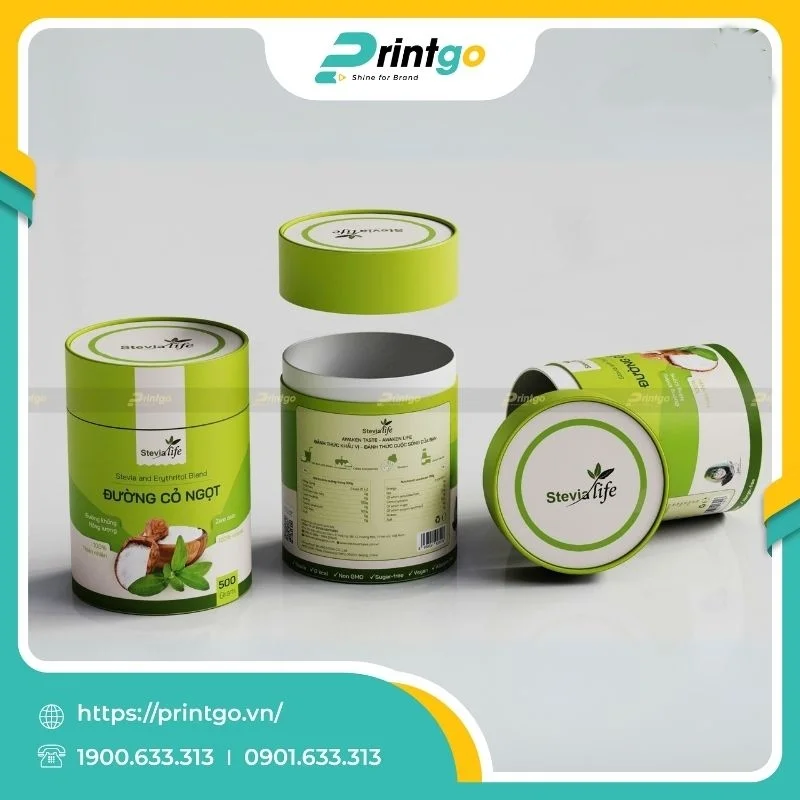 In hộp trụ tròn đựng đường cỏ ngọt Stevia Ventures