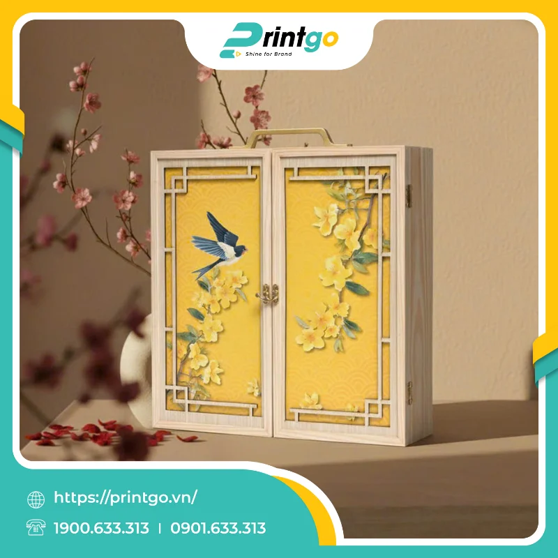 In hộp gỗ đựng quà tết có quai xách