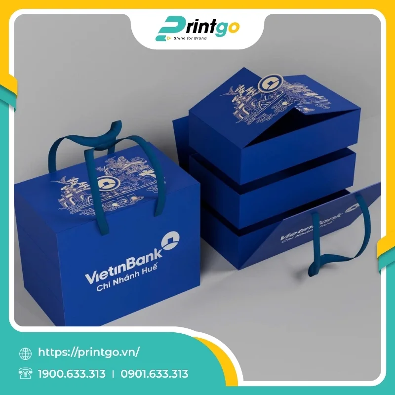 In hộp 3 tầng có quai xách đựng quà tặng VietinBank 