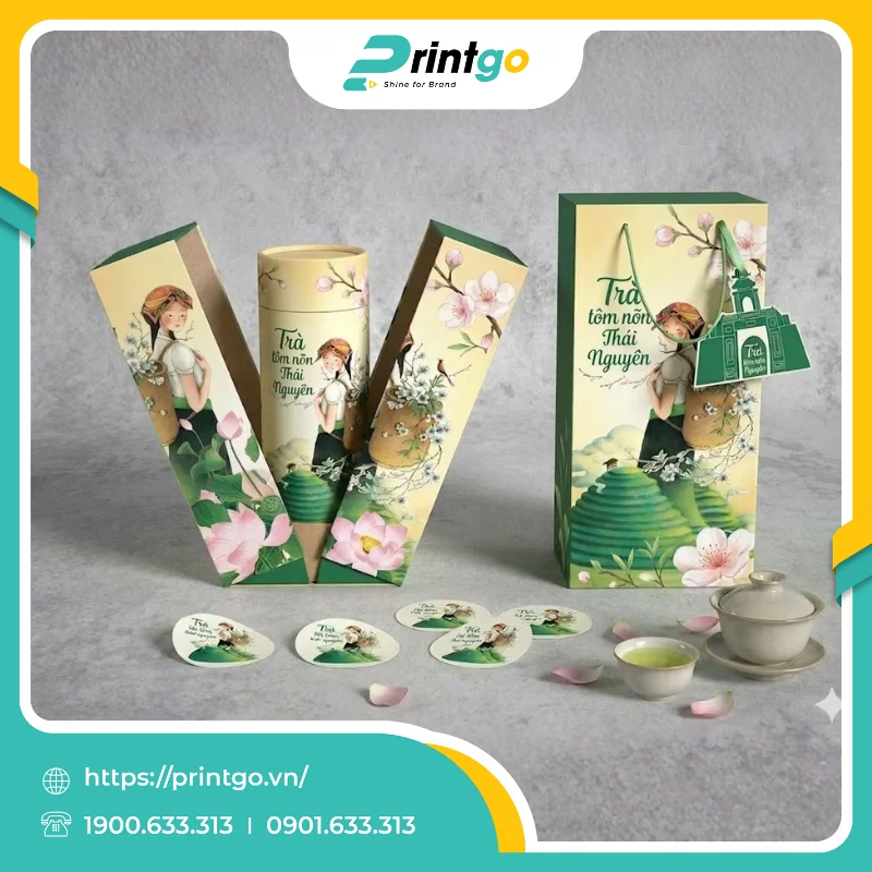 In hộp cánh bướm đựng sản phẩm OCOP chè Tôm Nõn Thái Nguyên