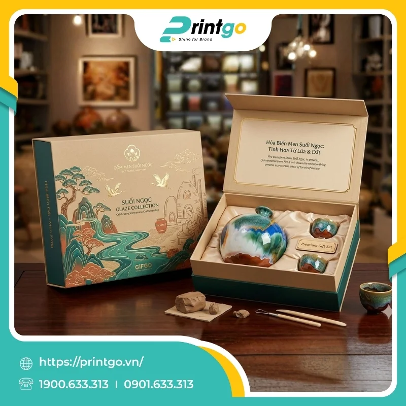 In hộp nam châm đựng bộ Gốm men Suối Ngọc Bát Tràng