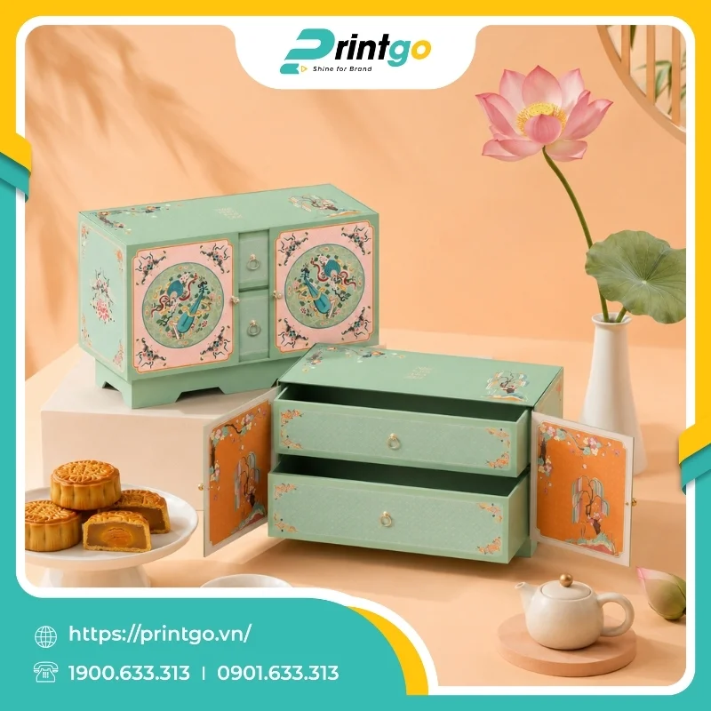 In hộp 2 tầng có chân đế đựng bánh trung thu Ngọc Nhạc Phú Quý 